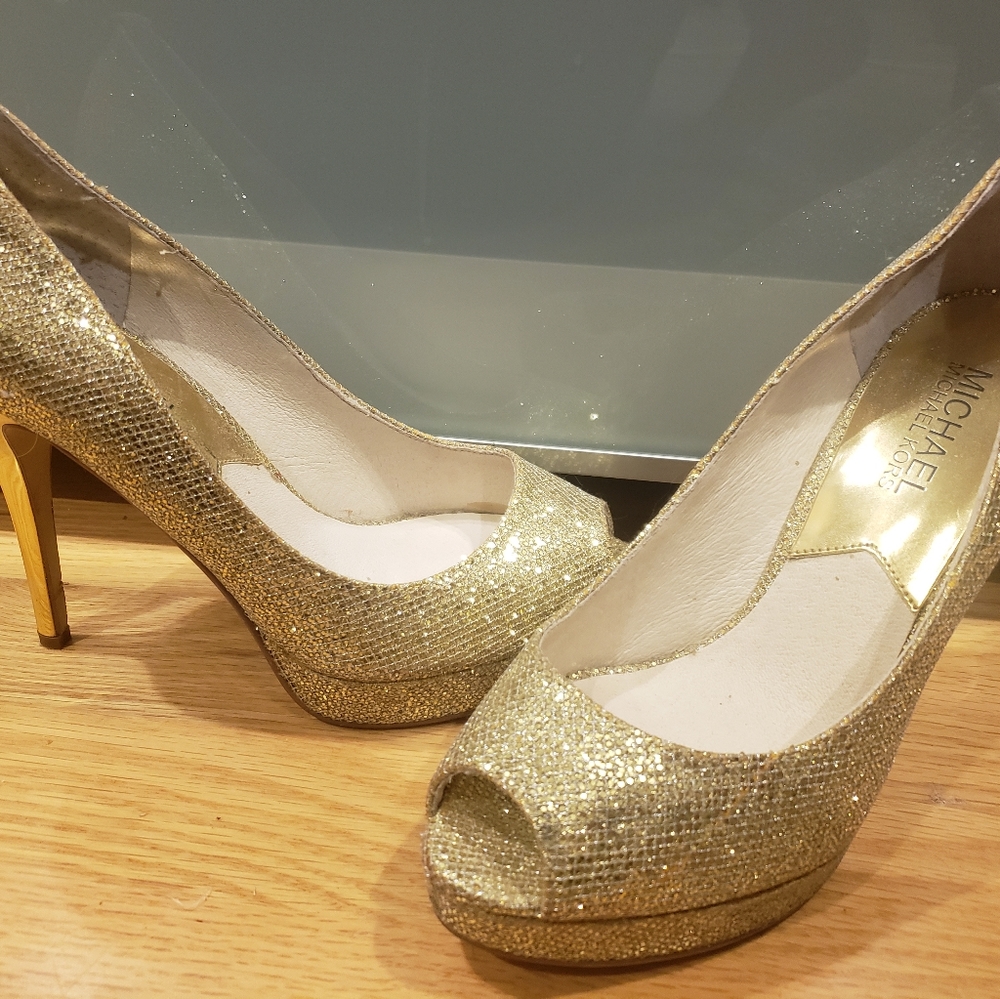 Michael kors gold glitter peep toe heels york 6